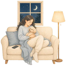 A woman relaxing on a couch with her dog in the evening.