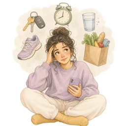 A woman with reminders and everyday tasks floating around her.