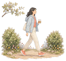 A woman taking a midday walk outdoors with coffee.