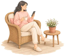 A woman checking her phone with coffee in a wicker chair.